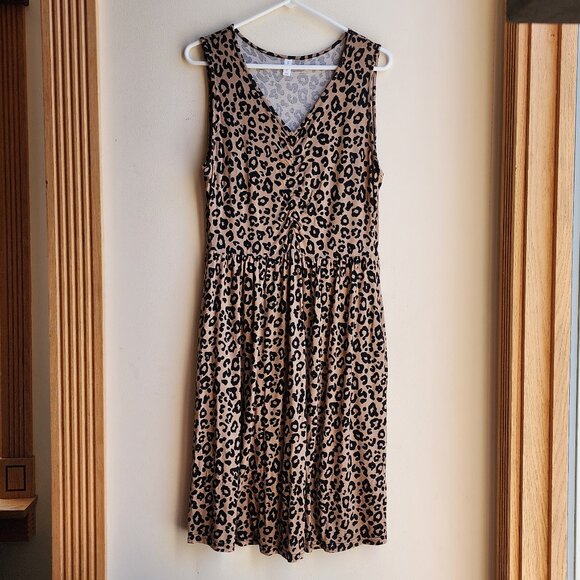 Niloufo Brown Leopard Print Sleeveless Stretchy Midi Sundress Size Large - Picture 1 of 14